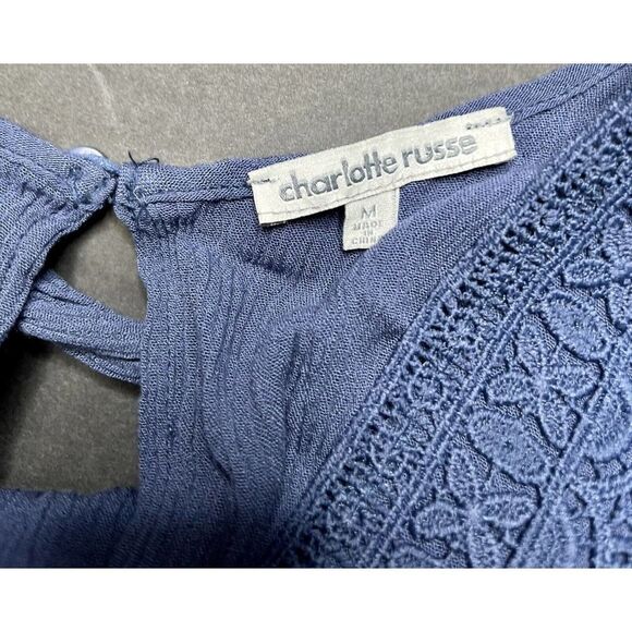 Blue Charlotte Russe Sleeveless Romper With Tie Belt And Crochet Neckline V Neck - Picture 4 of 5